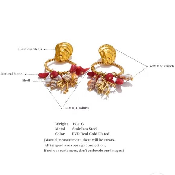 New ANTHRO Gold Stainless Steel and Red Coral Conch Shell Dangle Earrings - Picture 4 of 10